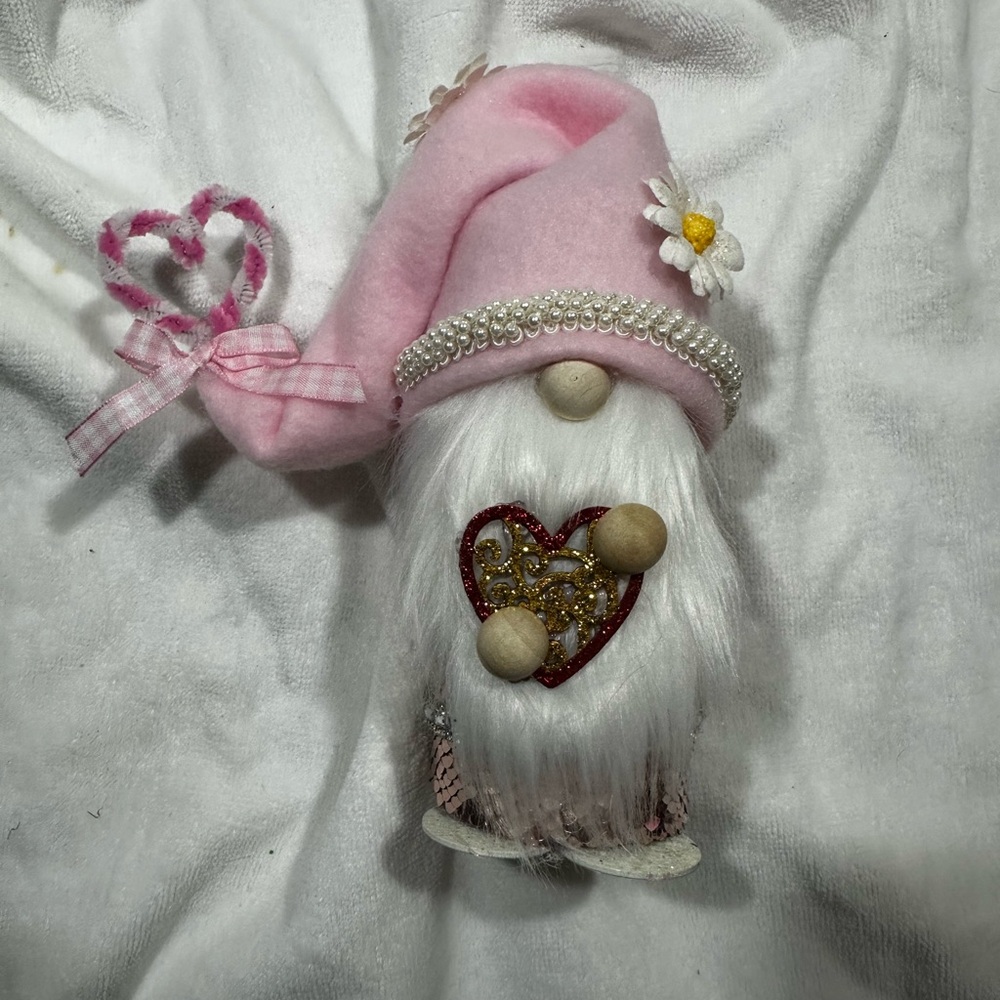 #1339 Pink Gnome 8” tall, with Heart and Daisies, hat is removable. Hand made
